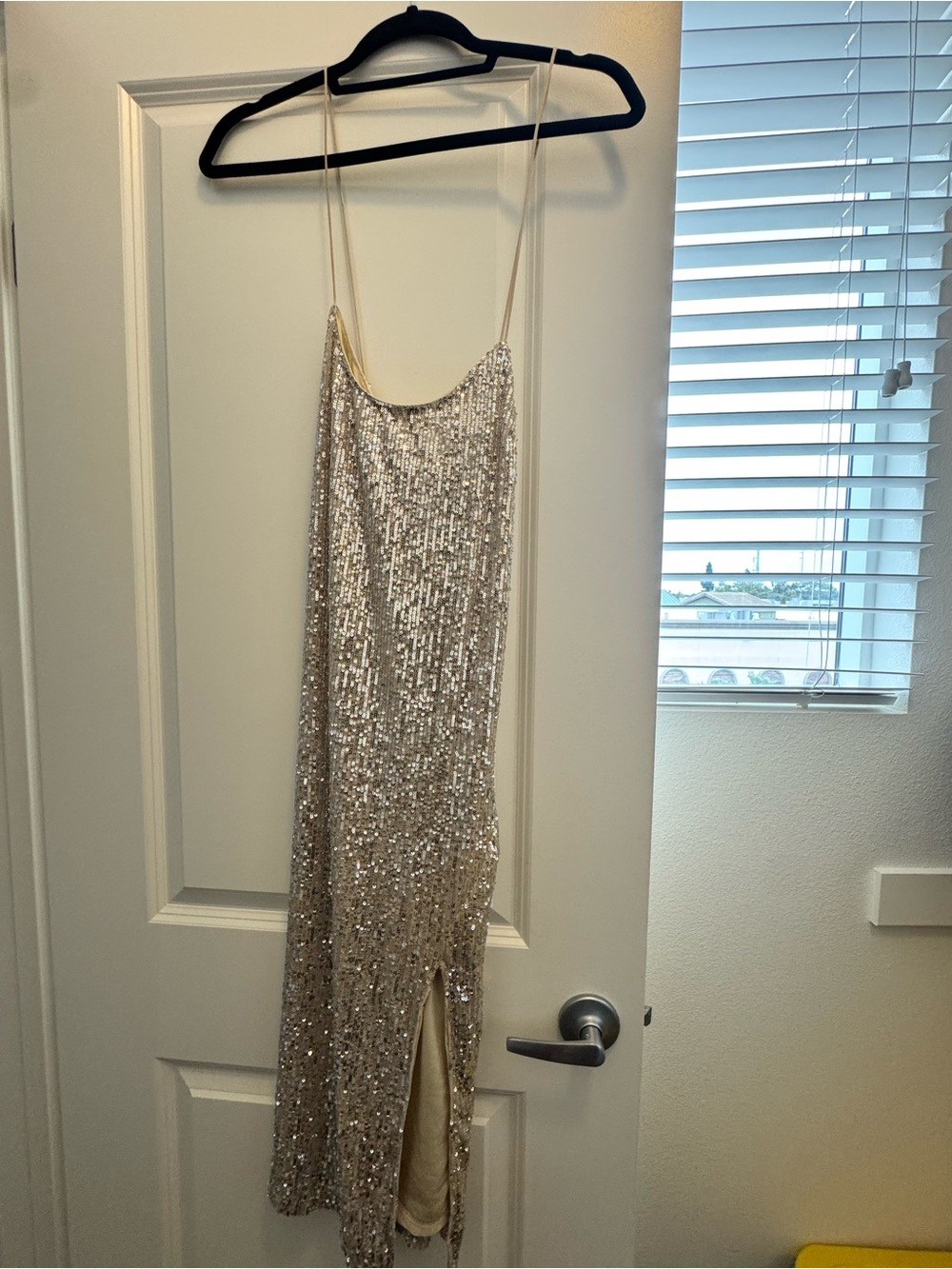 Lulus Sequin Slip Cross Back Midi Dress, Champagne Size Medium